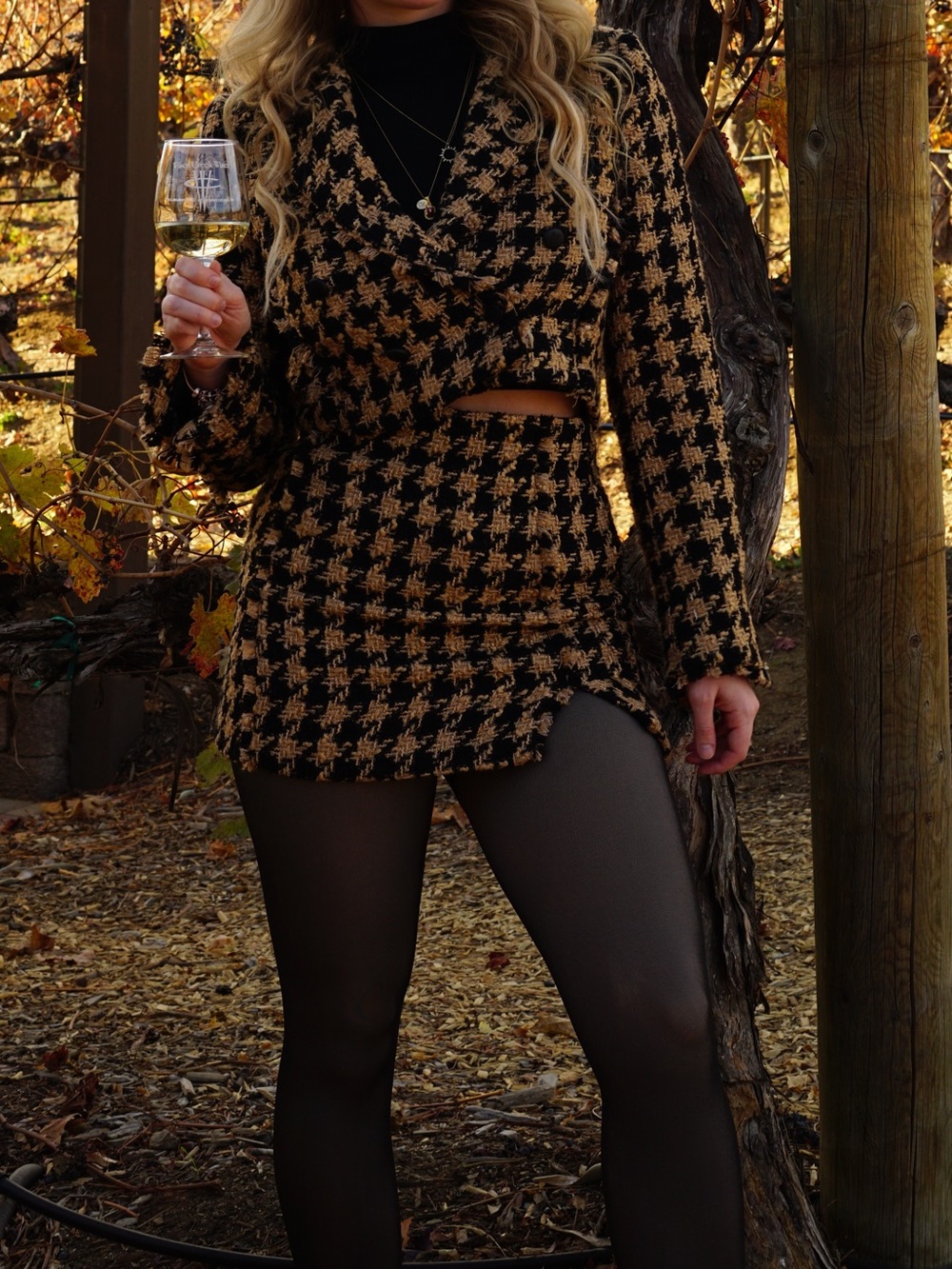 Zara Black and Tan Houndstooth Coat and matching mini skirt - Picture 3 of 9